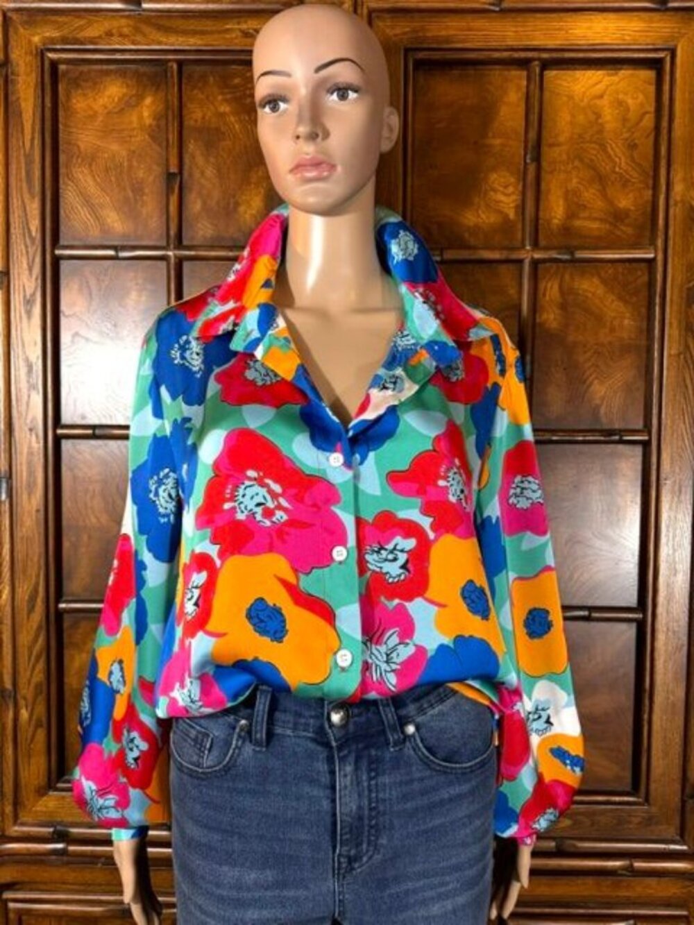 Charmeuse Jewel Tone Floral Balloon Sleeve Button Down Shirt